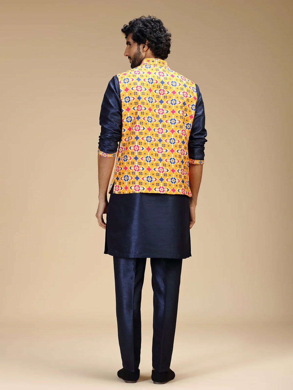 Navy Blue & Yellow Embroidered Kurta Jacket Pant Set for Men