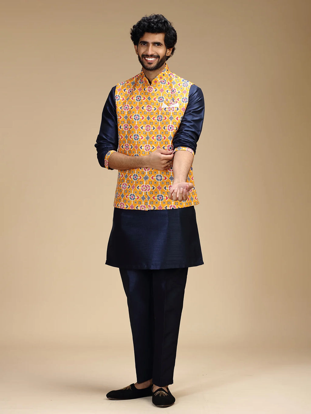 Navy Blue & Yellow Embroidered Kurta Jacket Pant Set for Men