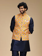 Navy Blue & Yellow Embroidered Kurta Jacket Pant Set for Men