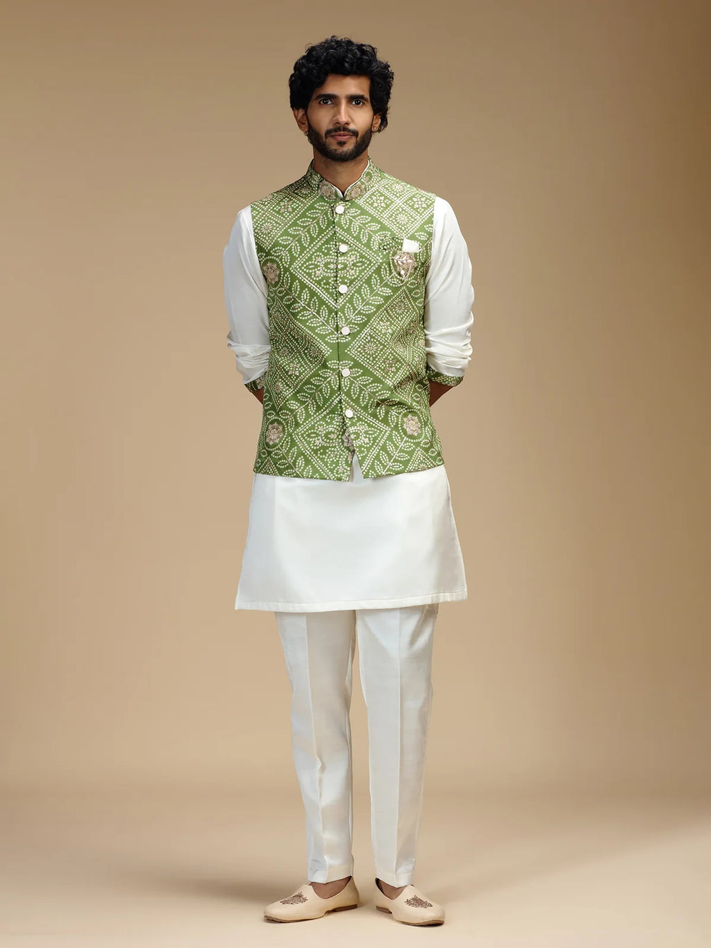 Pale Green & Cream Embroidered Kurta Jacket Pant Set for Men