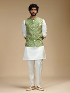 Pale Green & Cream Embroidered Kurta Jacket Pant Set for Men
