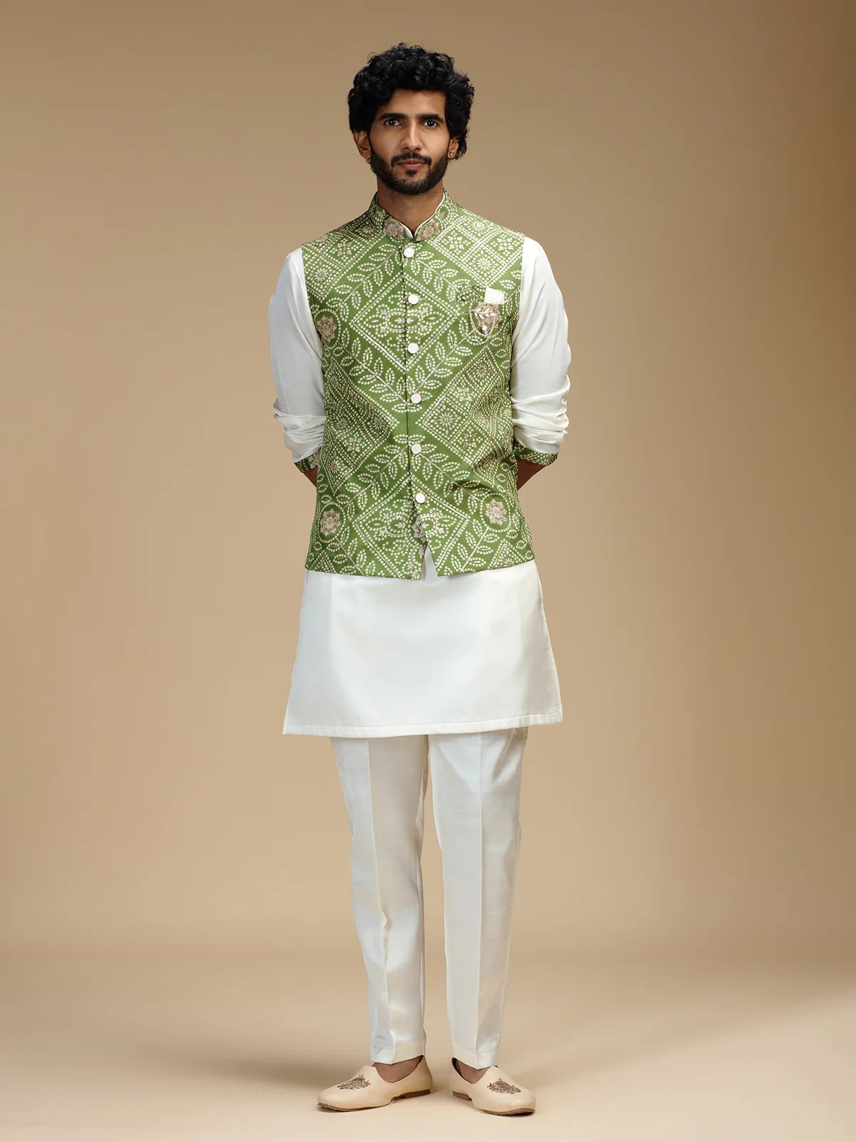 Pale Green & Cream Embroidered Kurta Jacket Pant Set for Men