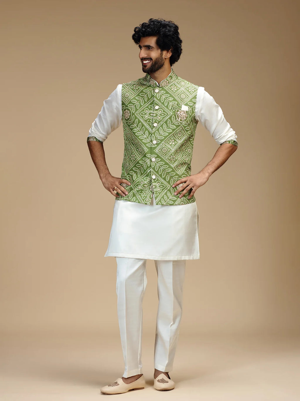 Pale Green & Cream Embroidered Kurta Jacket Pant Set for Men