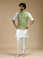 Pale Green & Cream Embroidered Kurta Jacket Pant Set for Men