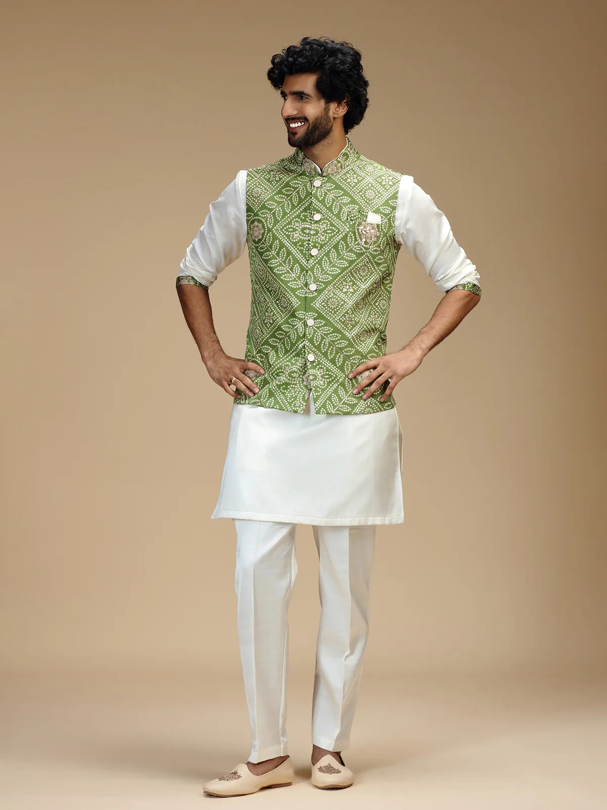 Pale Green & Cream Embroidered Kurta Jacket Pant Set for Men