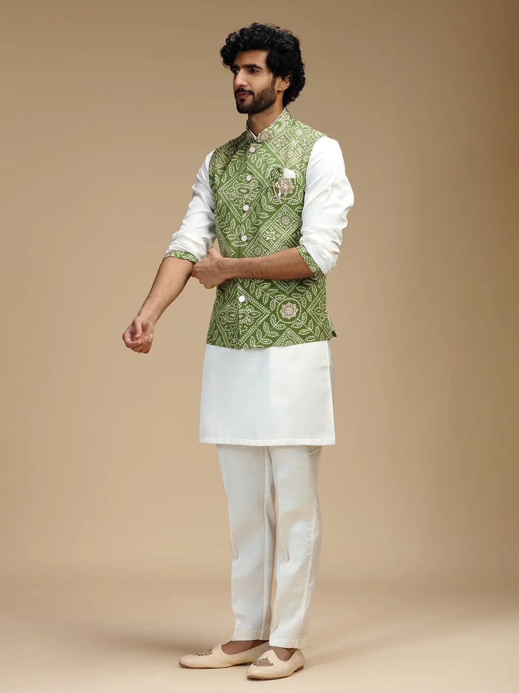 Pale Green & Cream Embroidered Kurta Jacket Pant Set for Men