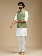 Pale Green & Cream Embroidered Kurta Jacket Pant Set for Men