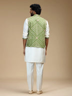 Pale Green & Cream Embroidered Kurta Jacket Pant Set for Men