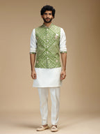 Pale Green & Cream Embroidered Kurta Jacket Pant Set for Men