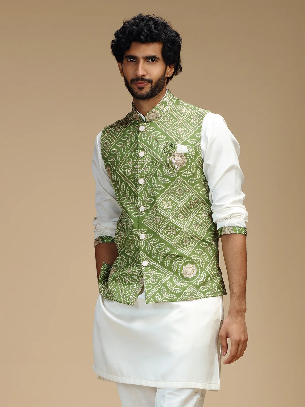 Pale Green & Cream Embroidered Kurta Jacket Pant Set for Men