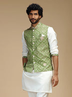 Pale Green & Cream Embroidered Kurta Jacket Pant Set for Men