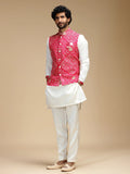 Red & Cream Embroidered Kurta Jacket Set for Men