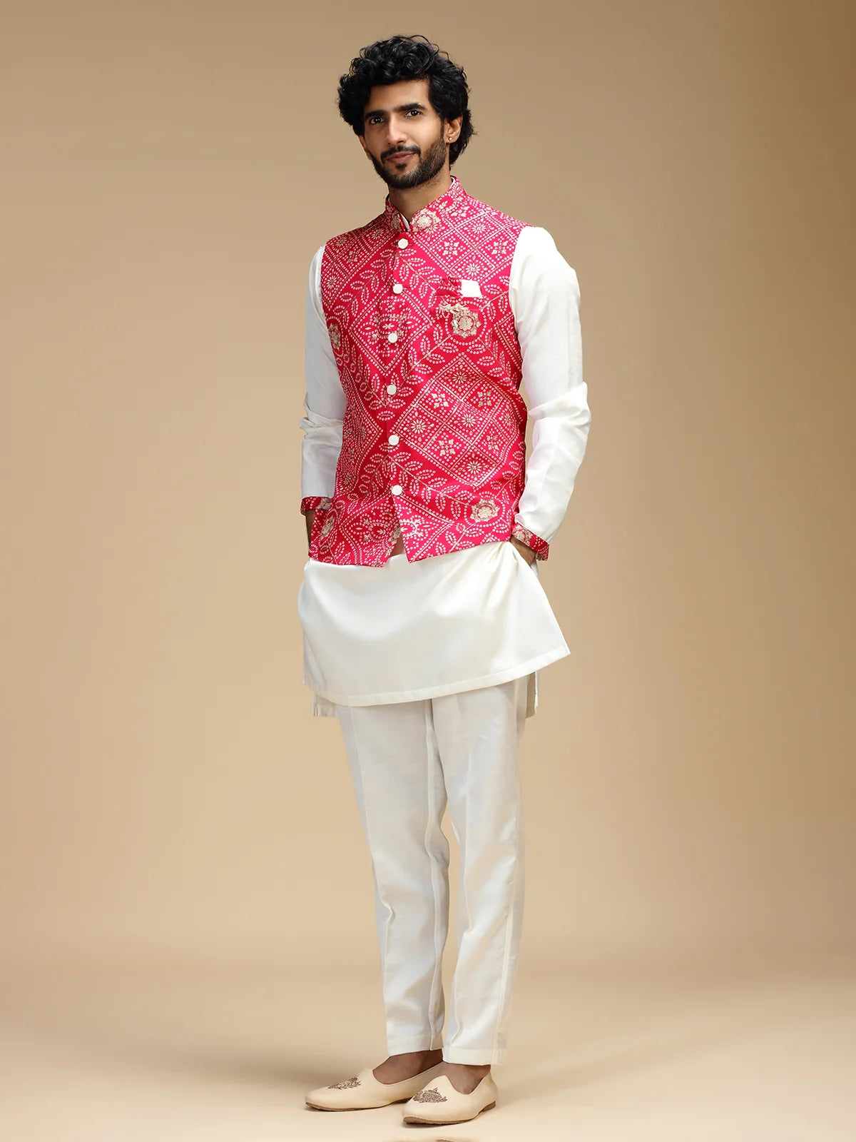 Red & Cream Embroidered Kurta Jacket Set for Men