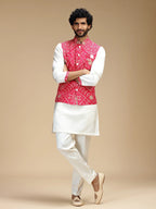Red & Cream Embroidered Kurta Jacket Set for Men