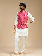 Red & Cream Embroidered Kurta Jacket Set for Men
