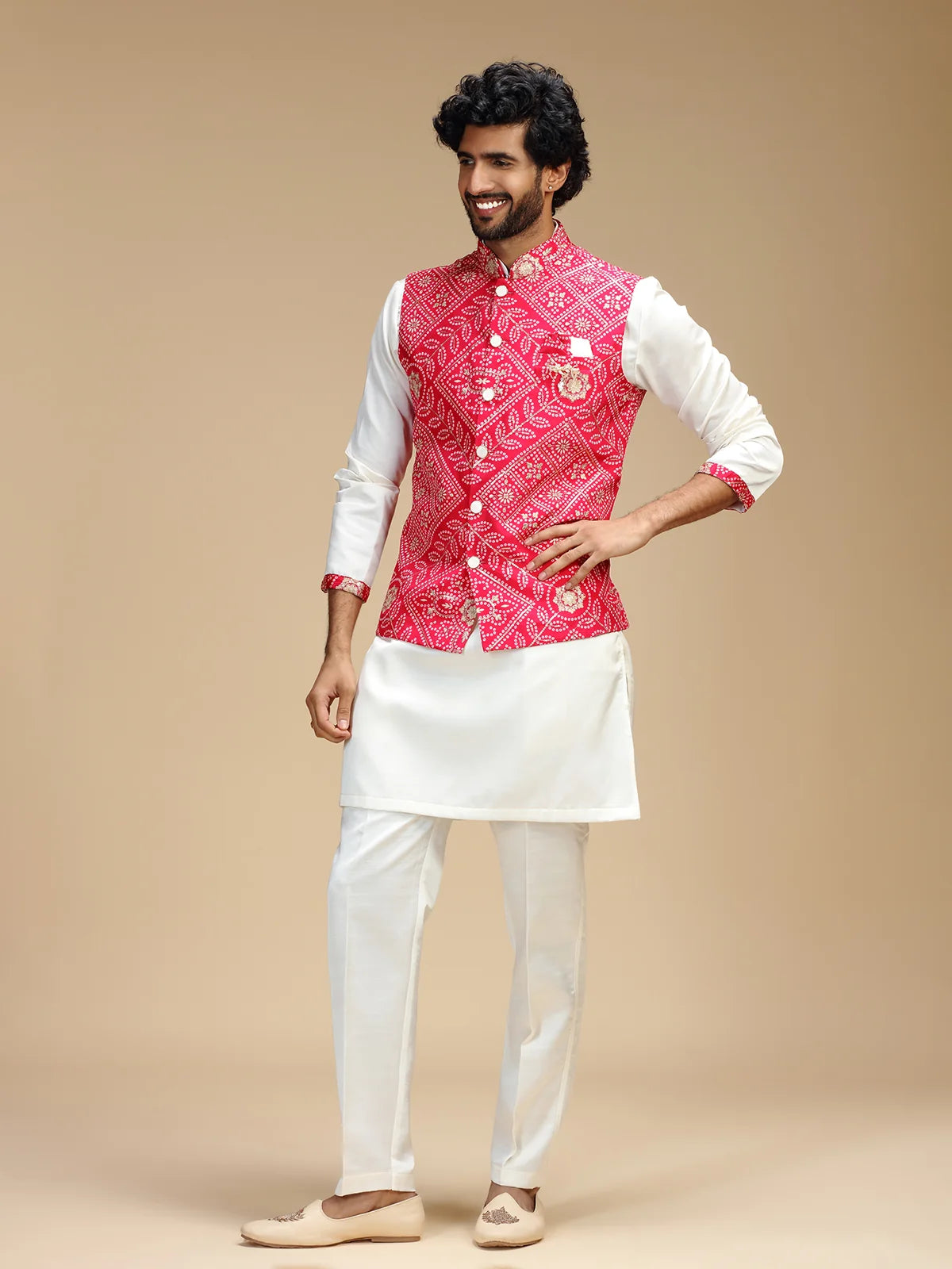 Red & Cream Embroidered Kurta Jacket Set for Men