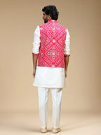 Red & Cream Embroidered Kurta Jacket Set for Men