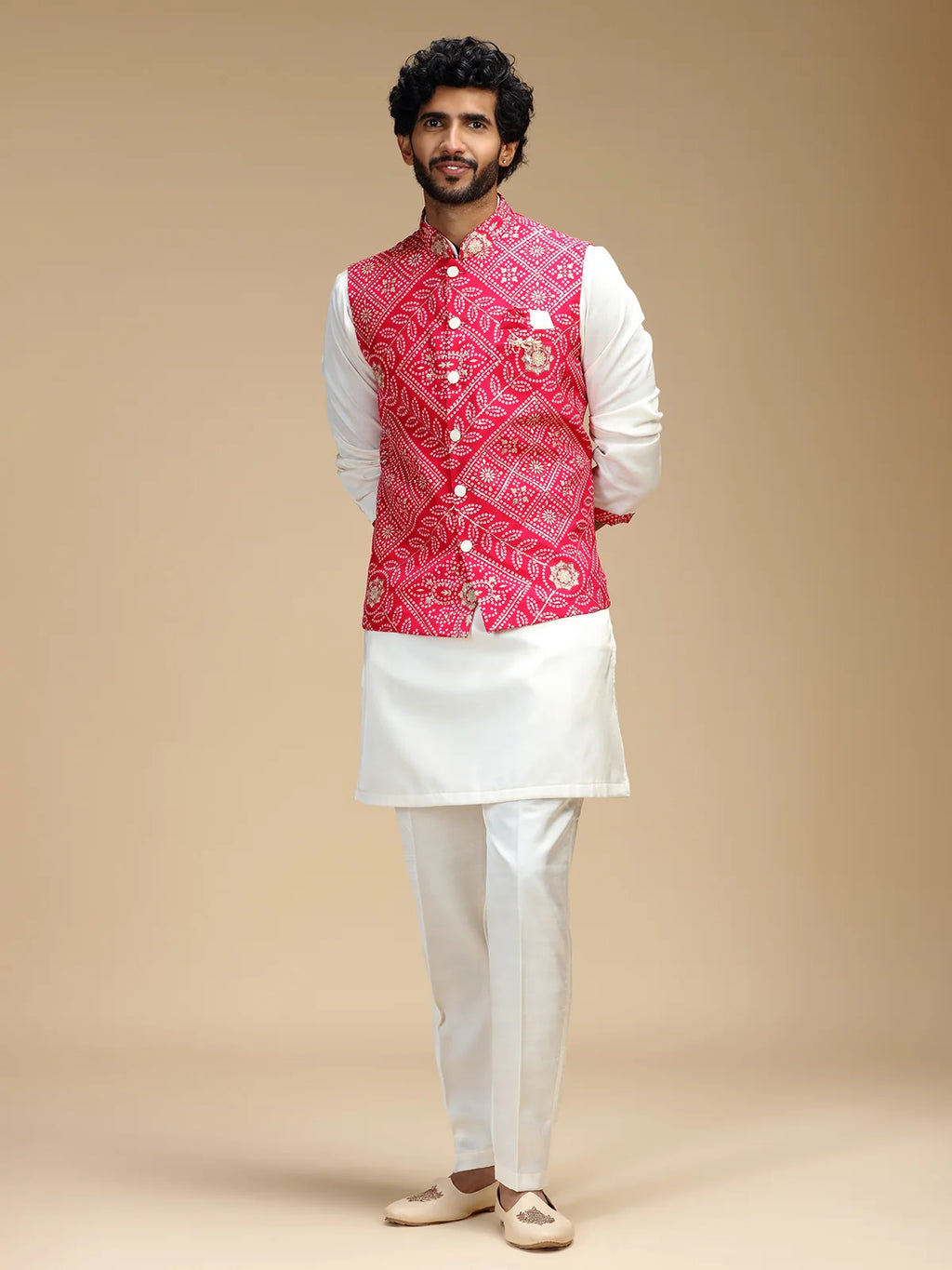 Red & Cream Embroidered Kurta Jacket Set for Men