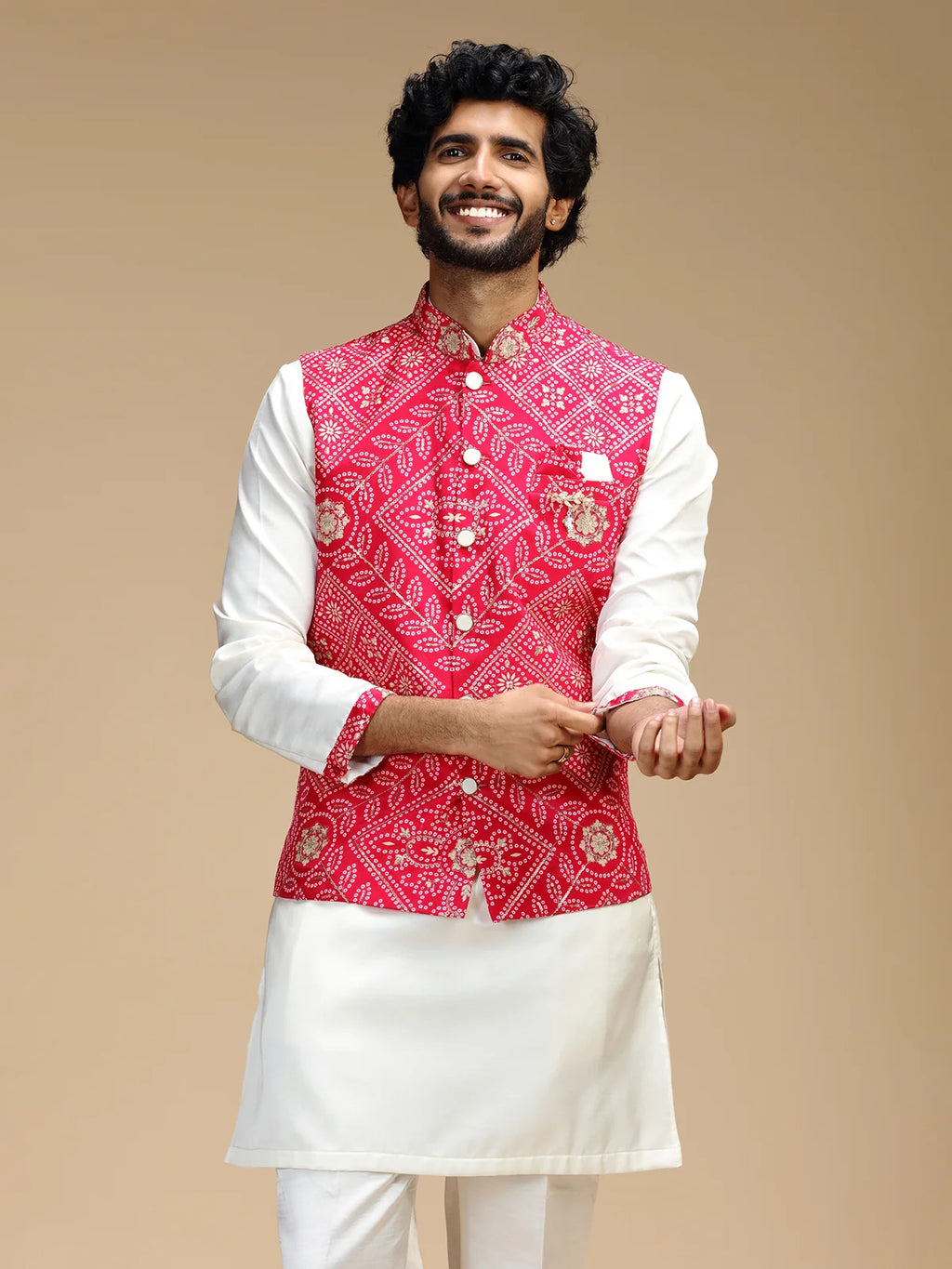 Red & Cream Embroidered Kurta Jacket Set for Men