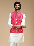 Red & Cream Embroidered Kurta Jacket Set for Men