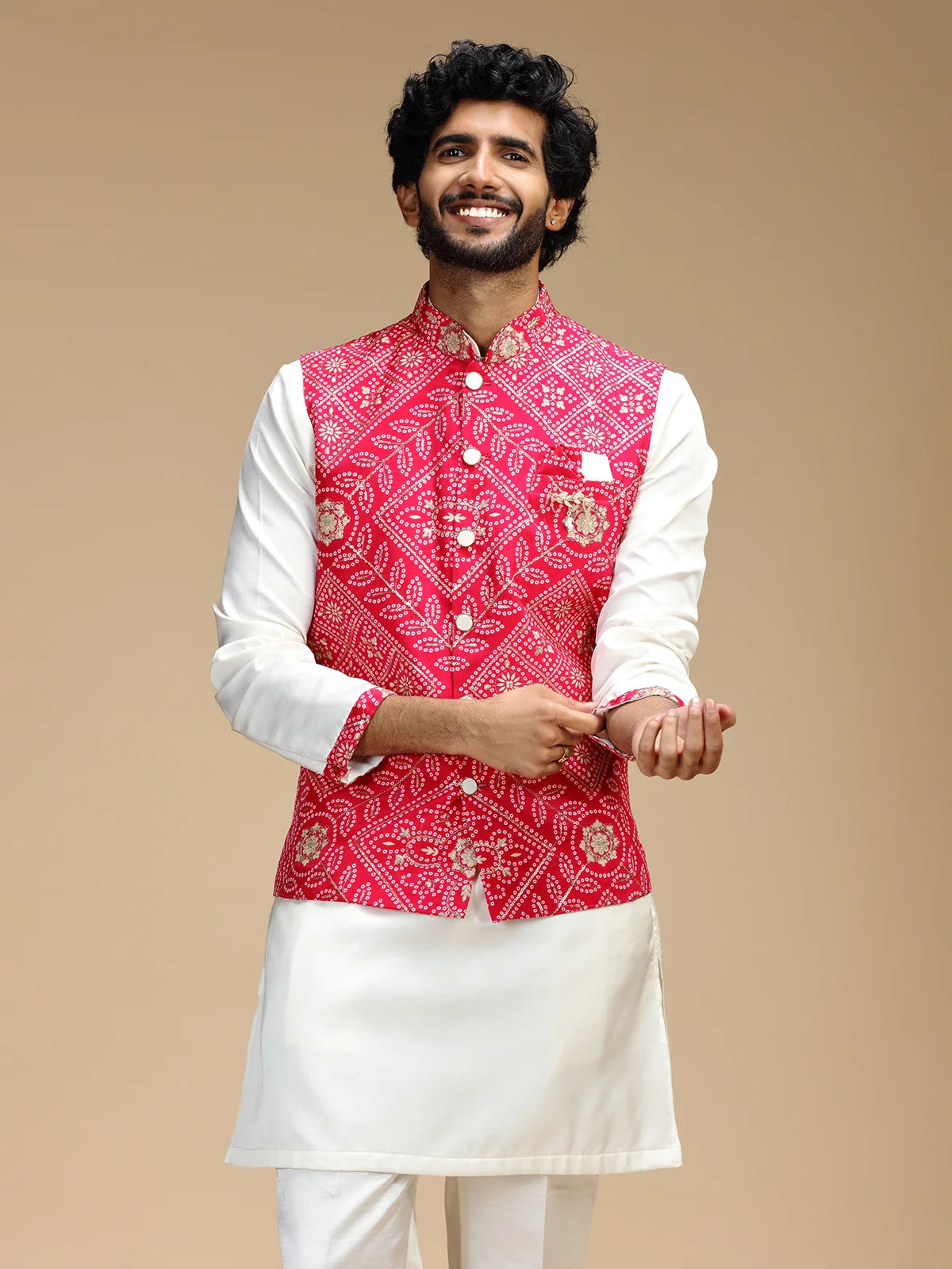Red & Cream Embroidered Kurta Jacket Set for Men