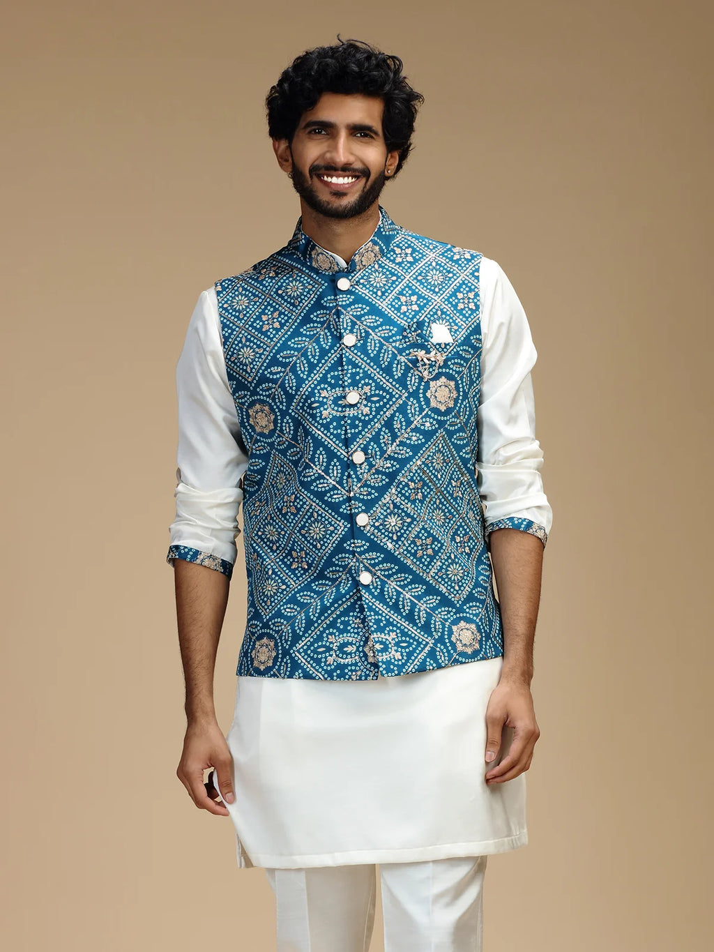 Aqua Blue & Cream Embroidered Kurta Jacket Pant Set for Men