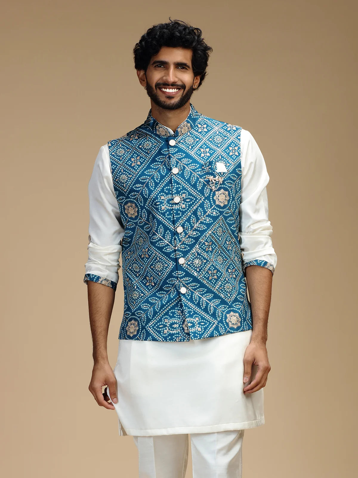 Aqua Blue & Cream Embroidered Kurta Jacket Pant Set for Men