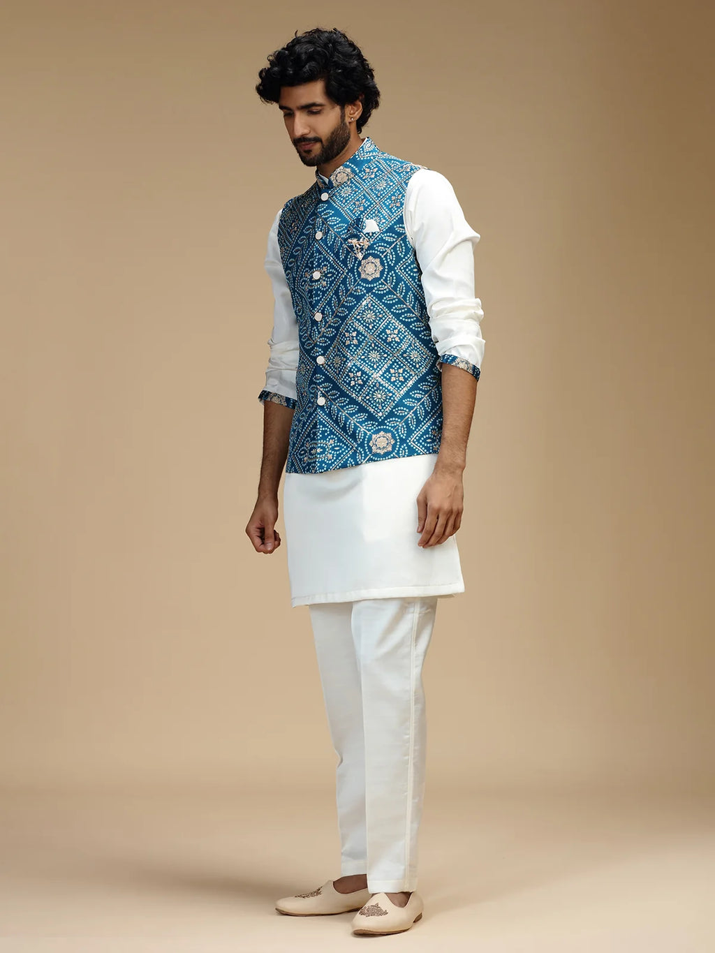Aqua Blue & Cream Embroidered Kurta Jacket Pant Set for Men