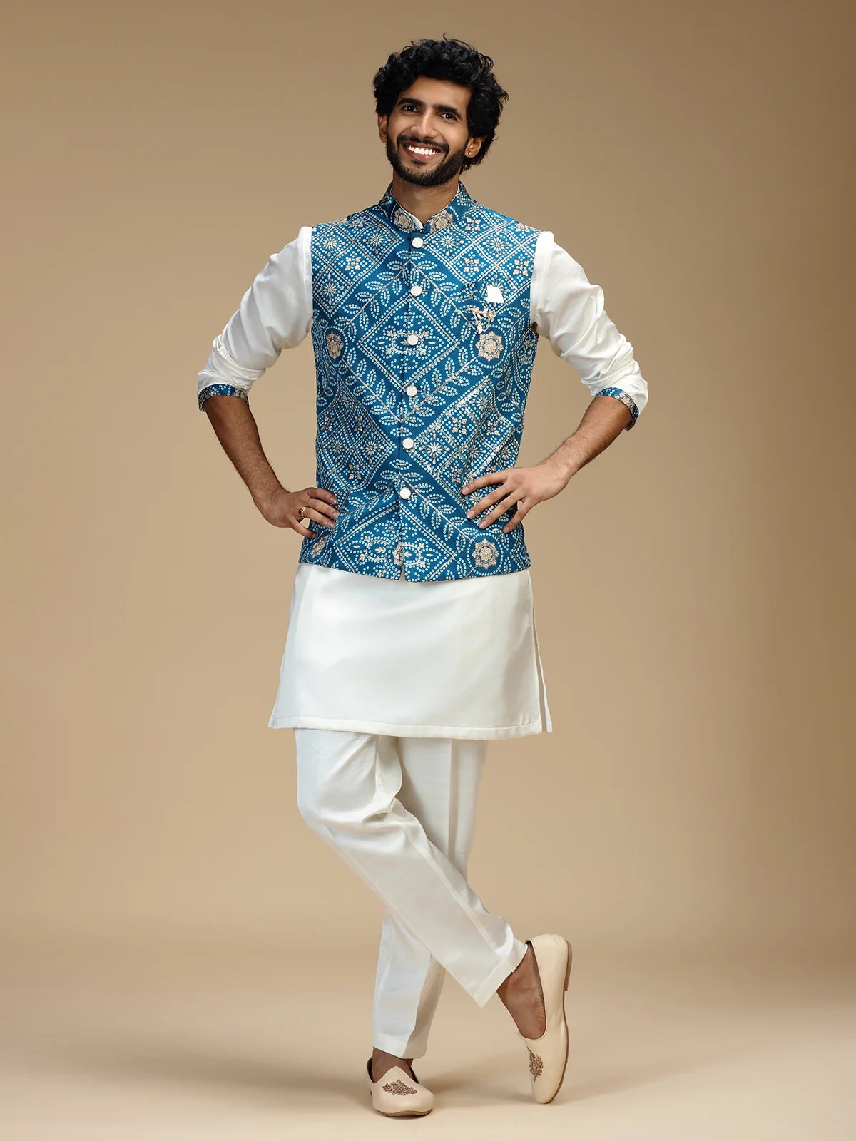 Aqua Blue & Cream Embroidered Kurta Jacket Pant Set for Men