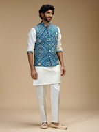 Aqua Blue & Cream Embroidered Kurta Jacket Pant Set for Men