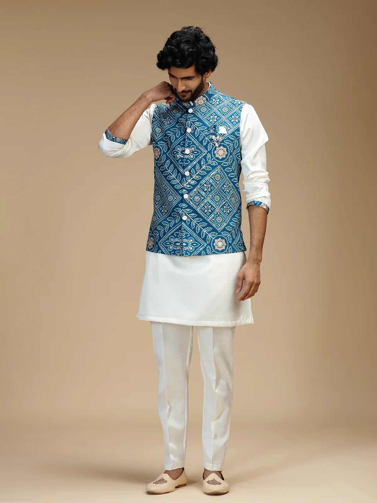 Aqua Blue & Cream Embroidered Kurta Jacket Pant Set for Men