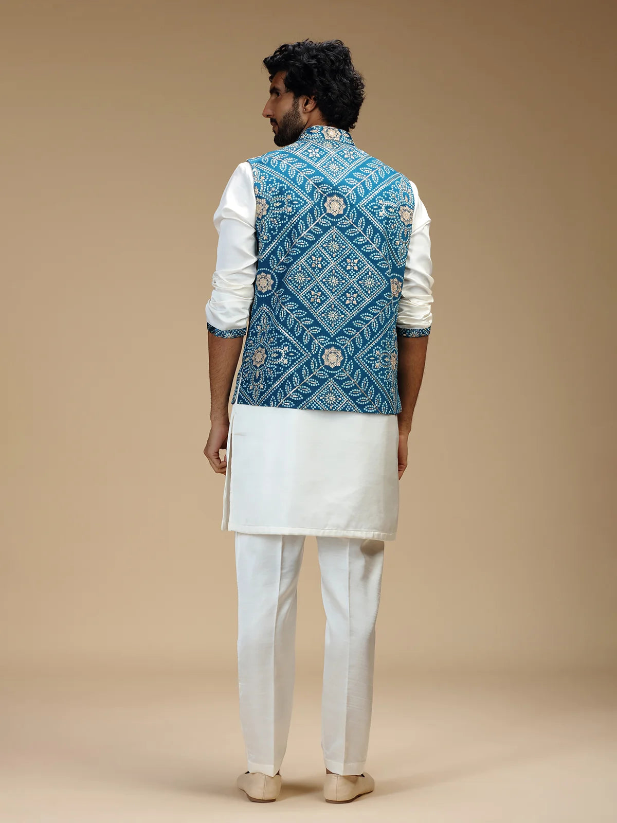 Aqua Blue & Cream Embroidered Kurta Jacket Pant Set for Men