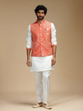 Orange & Cream Embroidered Kurta Jacket Pant Set for Men