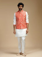 Orange & Cream Embroidered Kurta Jacket Pant Set for Men