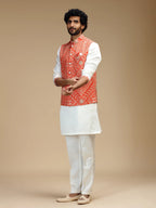 Orange & Cream Embroidered Kurta Jacket Pant Set for Men