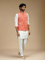 Orange & Cream Embroidered Kurta Jacket Pant Set for Men
