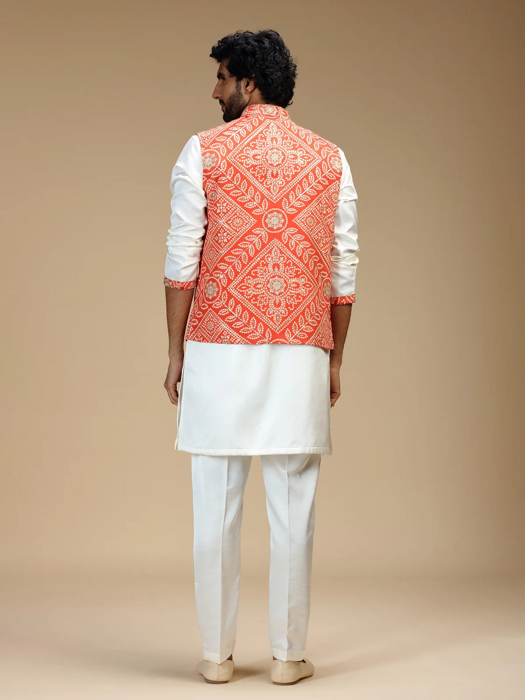 Orange & Cream Embroidered Kurta Jacket Pant Set for Men