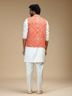 Orange & Cream Embroidered Kurta Jacket Pant Set for Men