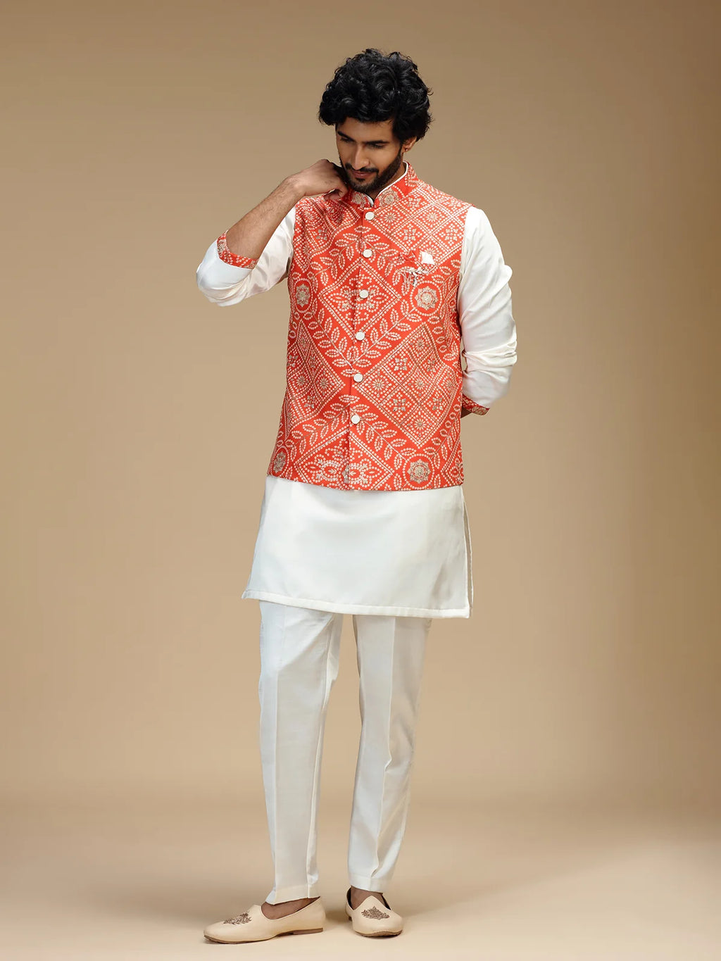Orange & Cream Embroidered Kurta Jacket Pant Set for Men