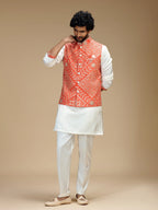 Orange & Cream Embroidered Kurta Jacket Pant Set for Men