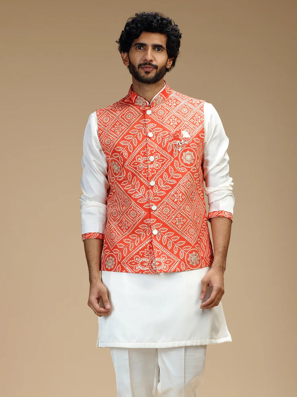 Orange & Cream Embroidered Kurta Jacket Pant Set for Men