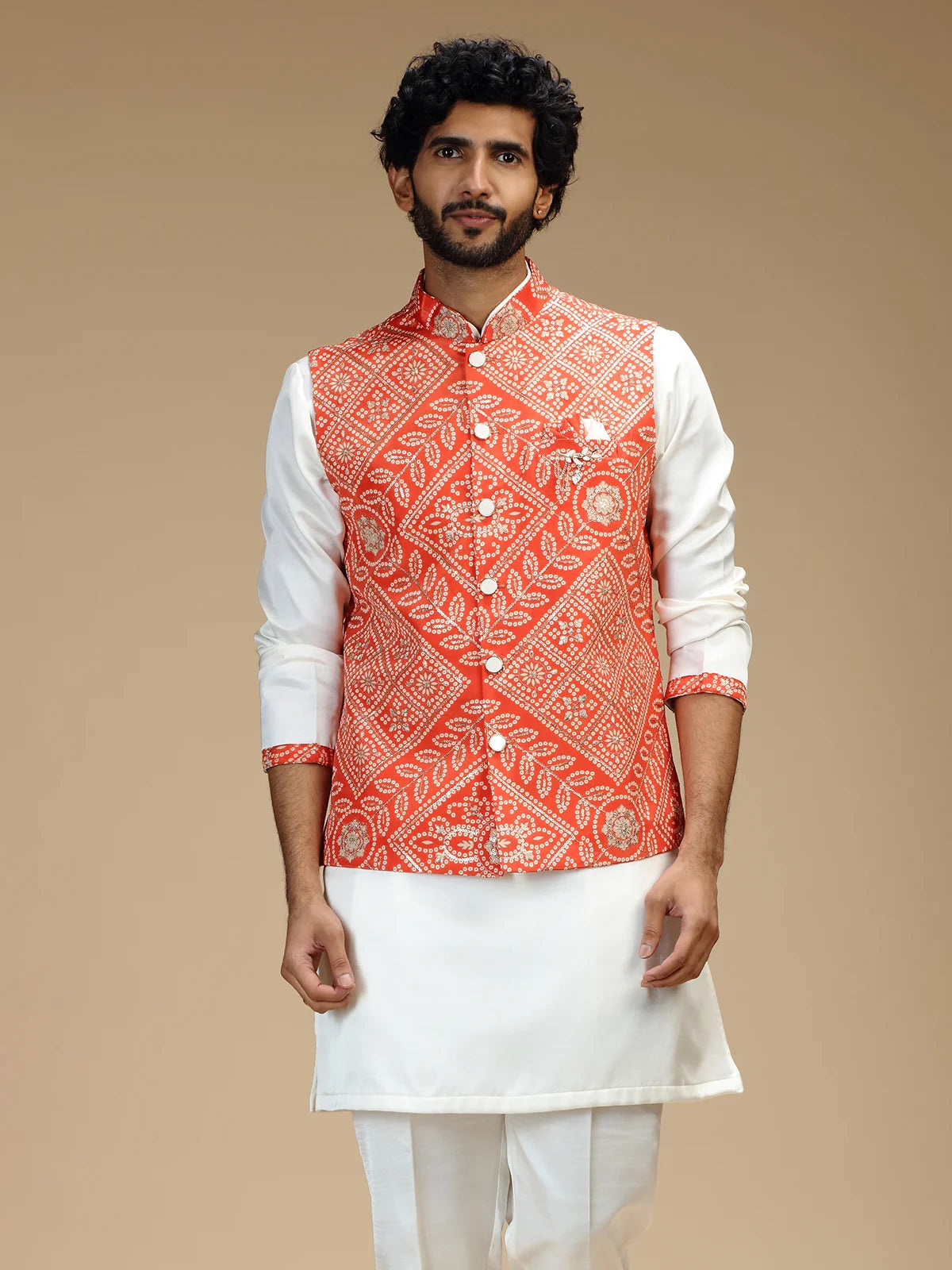 Orange & Cream Embroidered Kurta Jacket Pant Set for Men