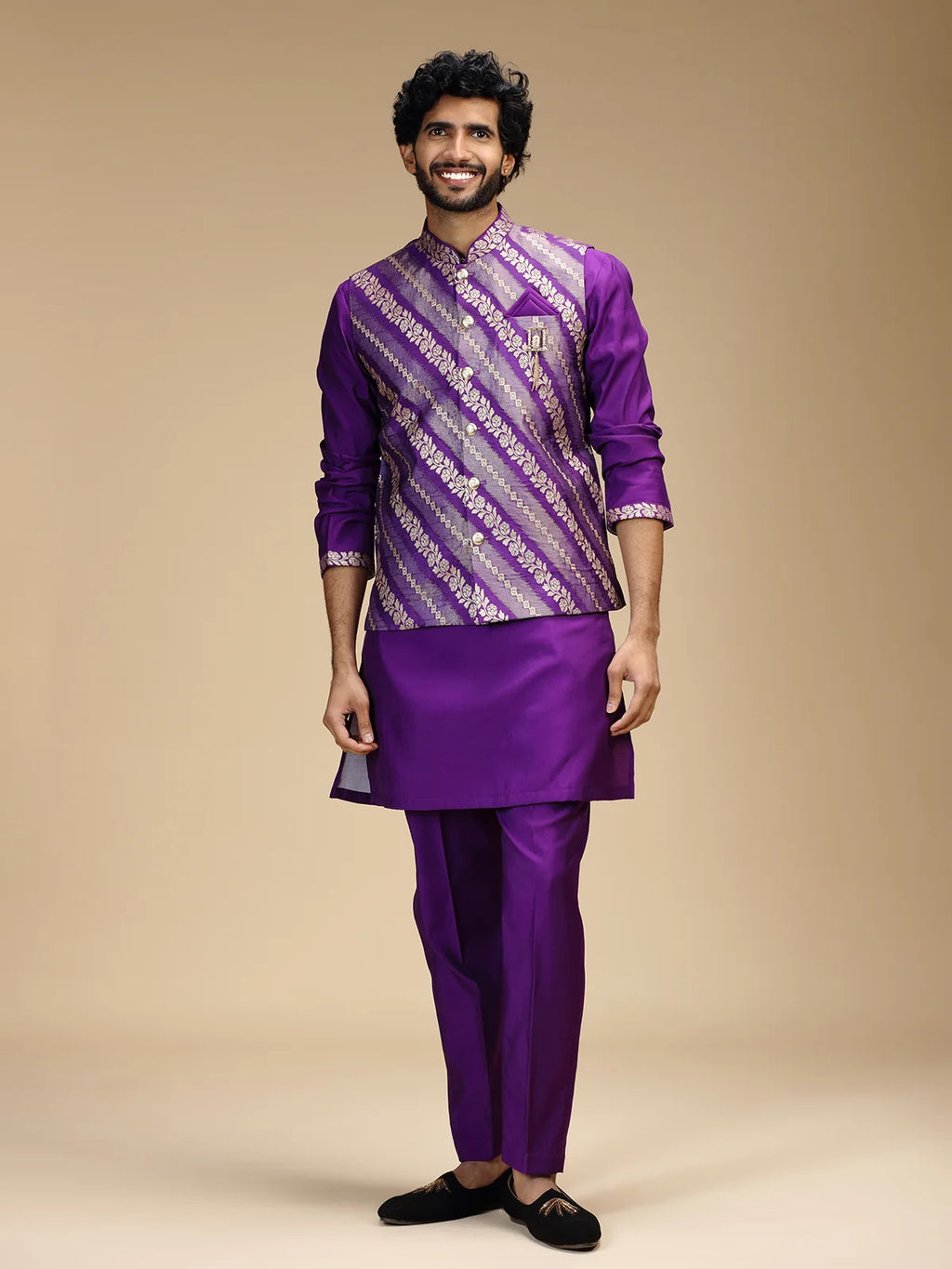 Purple Embroidered Kurta Jacket Pant Set for Men with Mandarin Collar