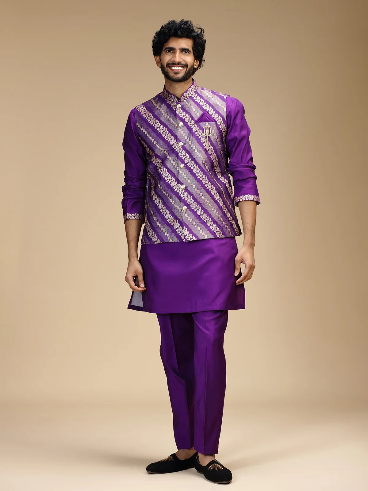 Purple Embroidered Kurta Jacket Pant Set for Men with Mandarin Collar