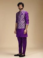Purple Embroidered Kurta Jacket Pant Set for Men with Mandarin Collar