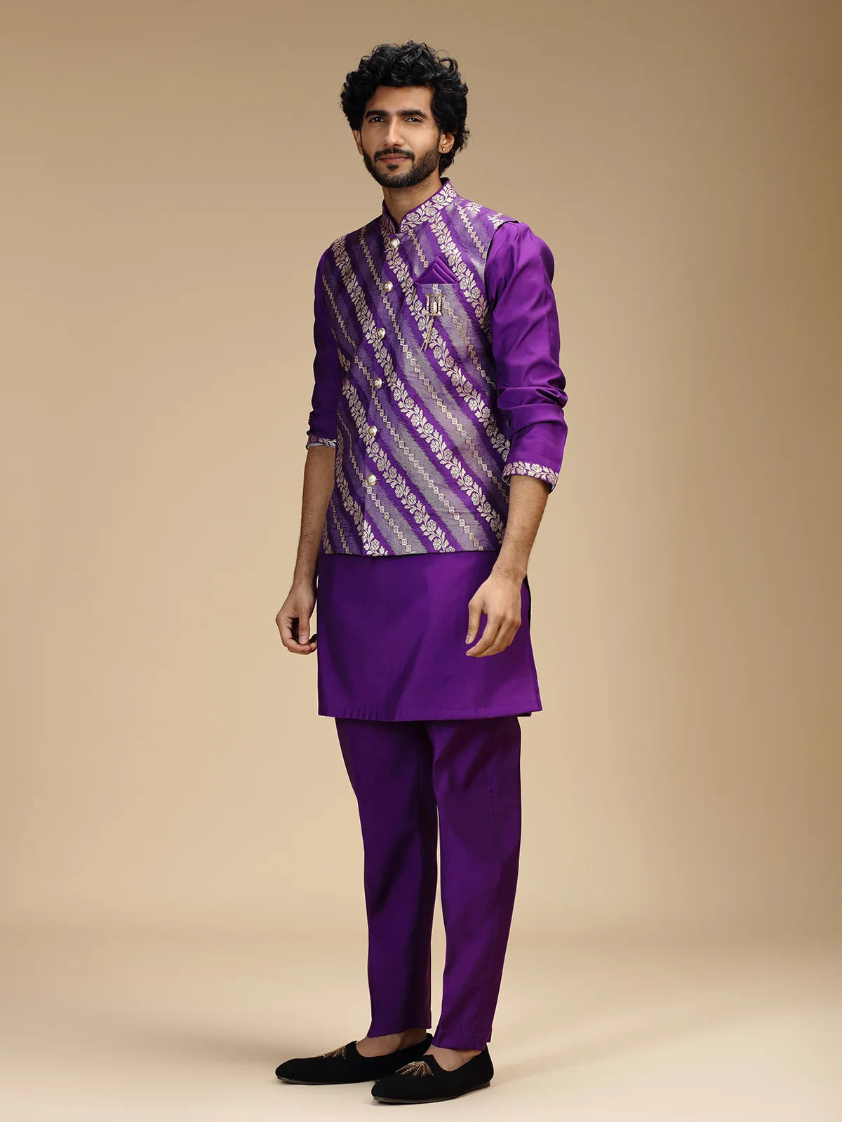 Purple Embroidered Kurta Jacket Pant Set for Men with Mandarin Collar