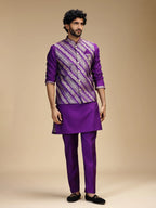 Purple Embroidered Kurta Jacket Pant Set for Men with Mandarin Collar