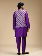 Purple Embroidered Kurta Jacket Pant Set for Men with Mandarin Collar