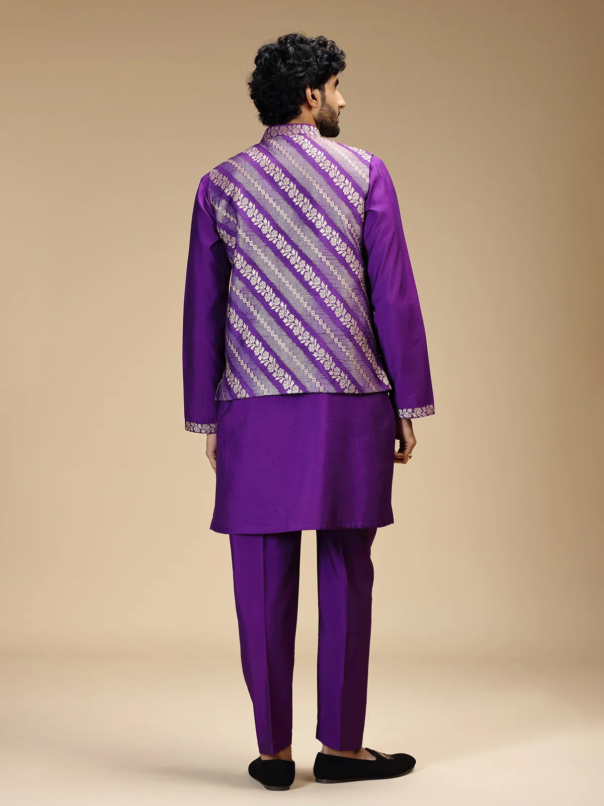 Purple Embroidered Kurta Jacket Pant Set for Men with Mandarin Collar