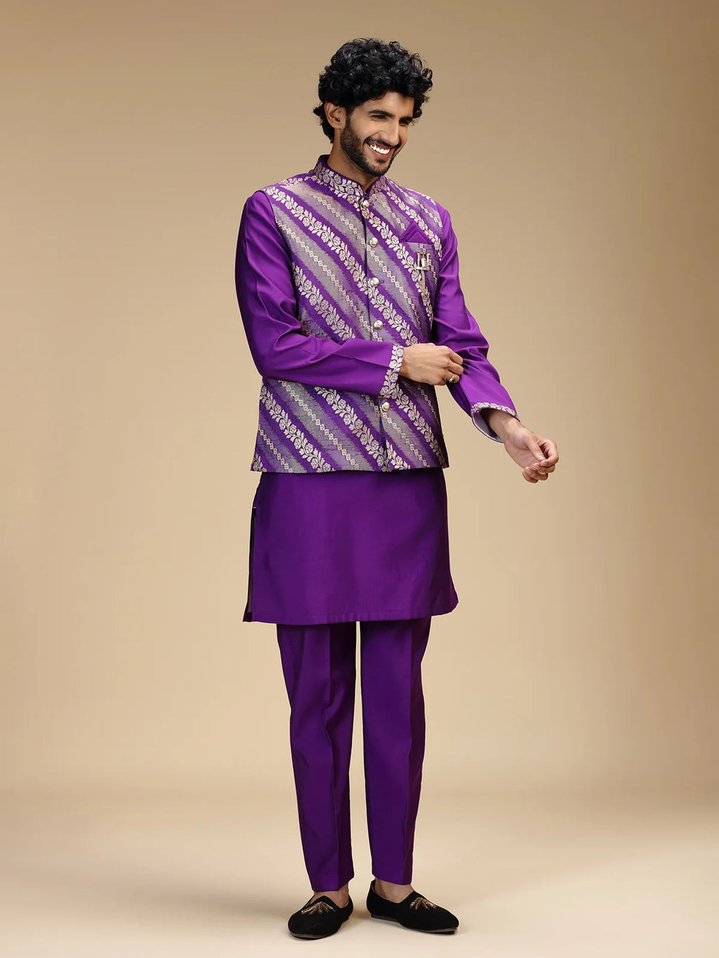 Purple Embroidered Kurta Jacket Pant Set for Men with Mandarin Collar